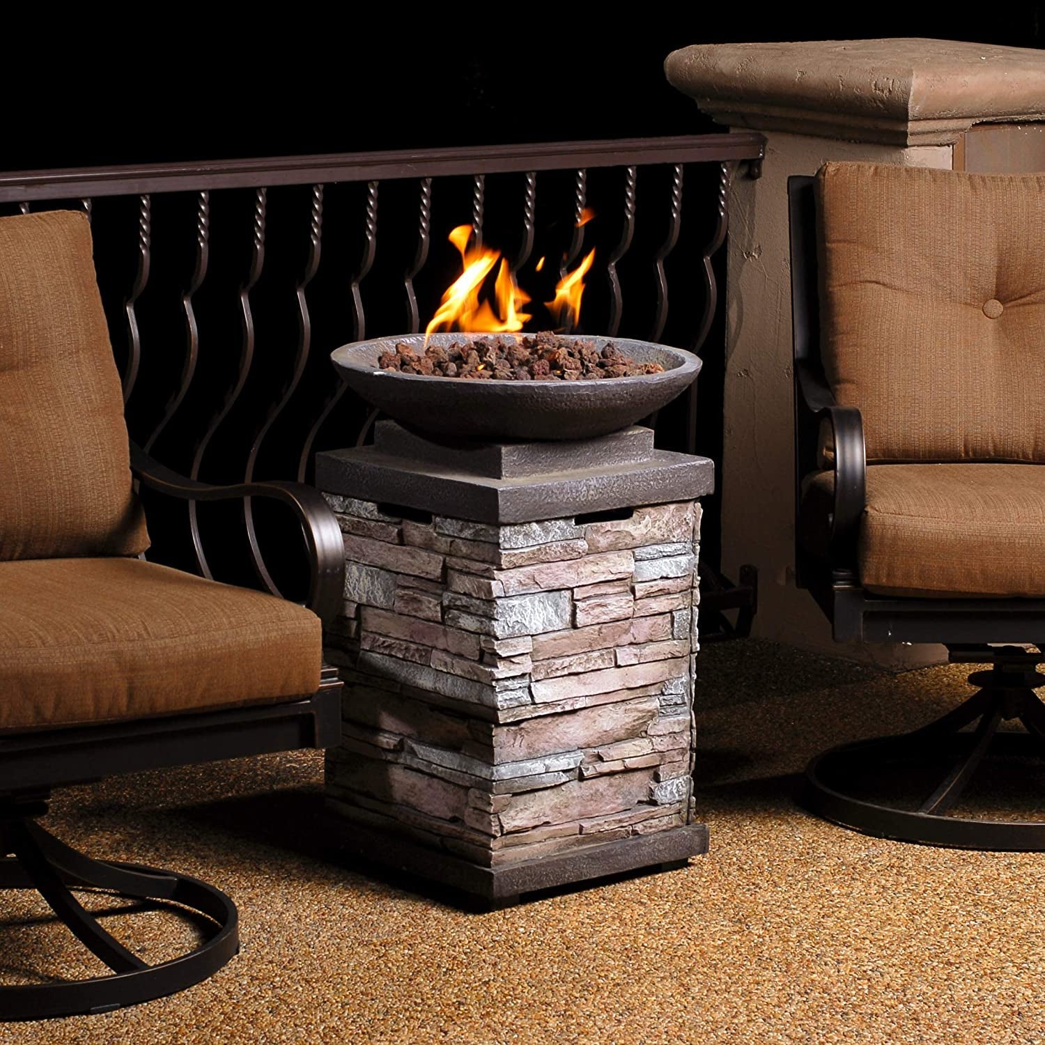 "Enhance Your Outdoor Ambiance with the Newcastle Propane Firebowl Column - Realistic Look Firepit Heater with Lava Rock, 40,000 BTU Outdoor Gas Fire Pit - Experience the Beauty of Natural Stone!"