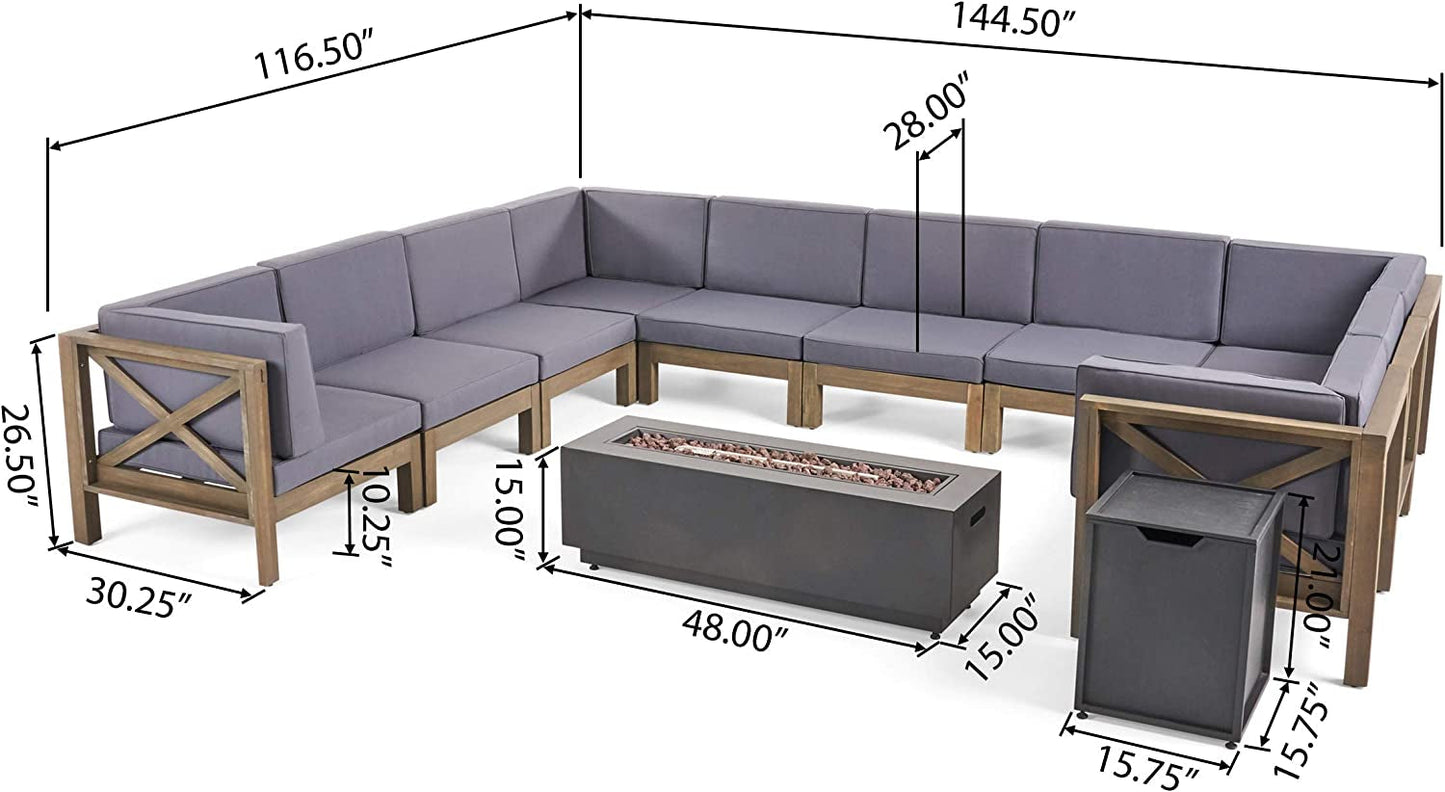 "Luxury Lorelei Outdoor Acacia Wood 10 Seater U-Shaped Sectional Sofa Set with Fire Pit - Exquisite Teak, Vibrant Blue, and Chic Dark Gray"