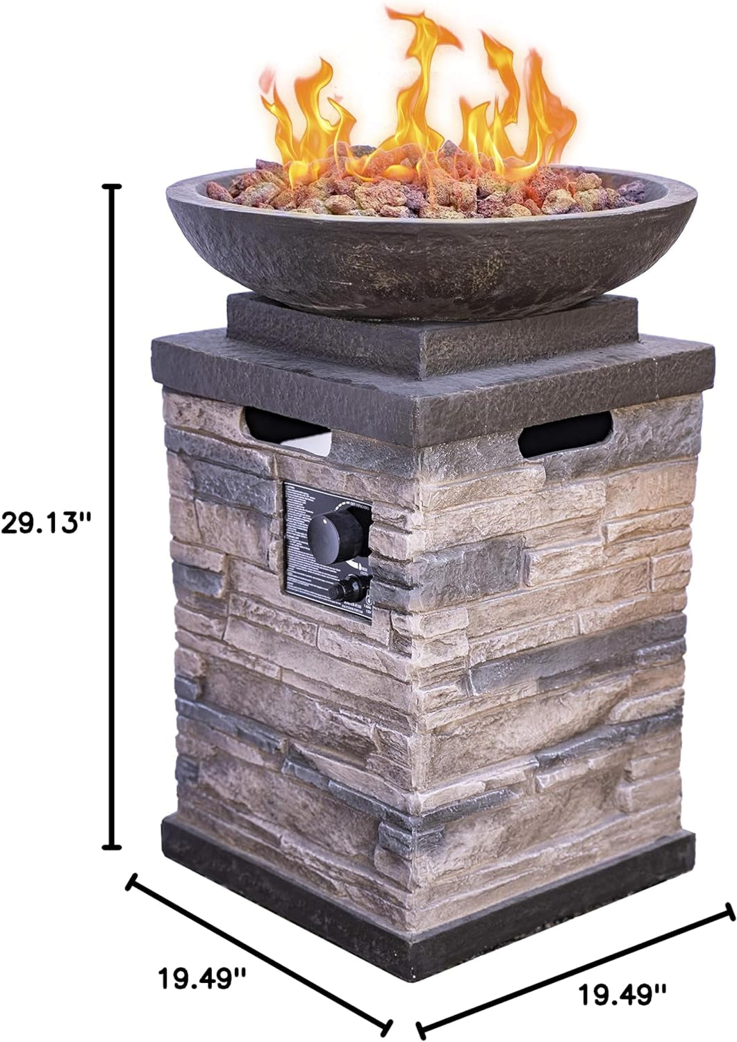 "Enhance Your Outdoor Ambiance with the Newcastle Propane Firebowl Column - Realistic Look Firepit Heater with Lava Rock, 40,000 BTU Outdoor Gas Fire Pit - Experience the Beauty of Natural Stone!"