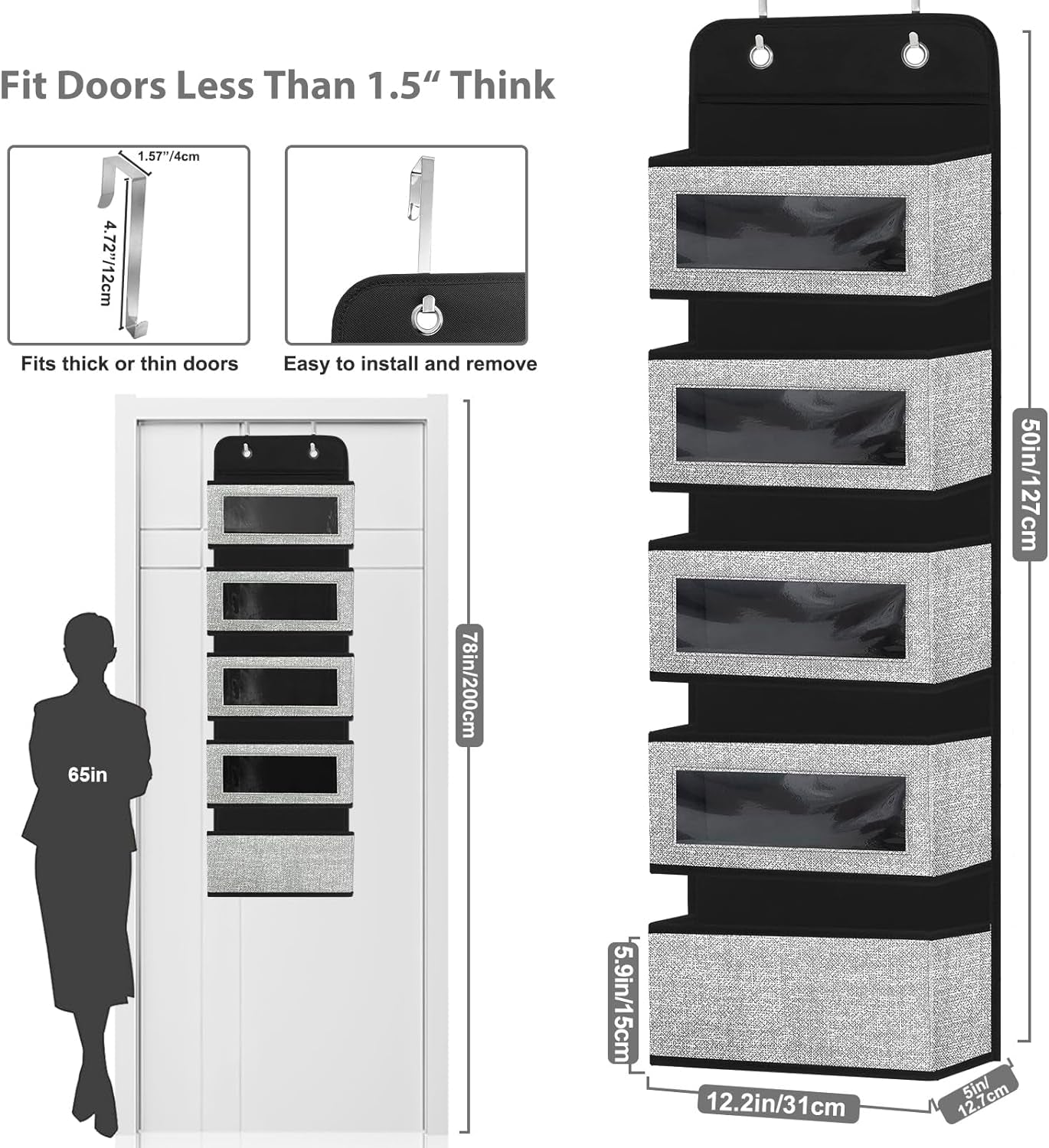 "Ultimate Door Hanging Organizer: 5 Spacious Pockets, Clear Windows, and Sturdy Hooks for Pantry, Nursery, Bathroom, Kitchen, Closet, and More (Grey)"