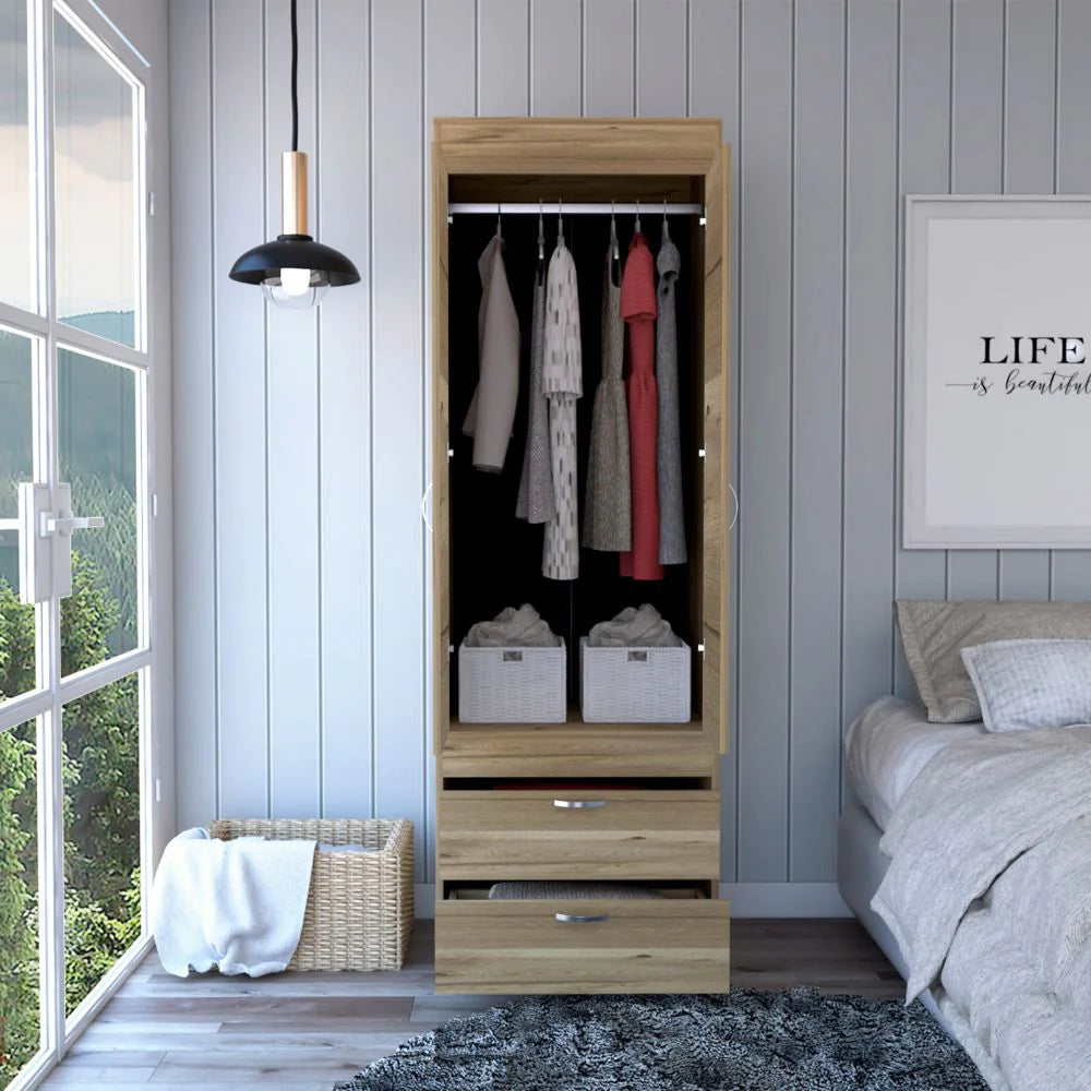 "Stylish and Practical Tarento Armoire with Two Drawers in Light Oak and Black Wengue Finish"