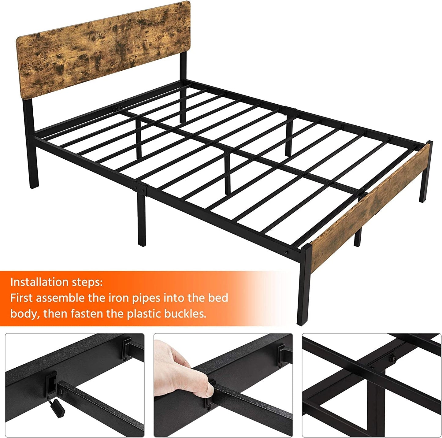 "Sturdy Full Metal Bed Frame with Elegant Wooden Headboard - the Perfect Foundation for a Comfortable Sleep"