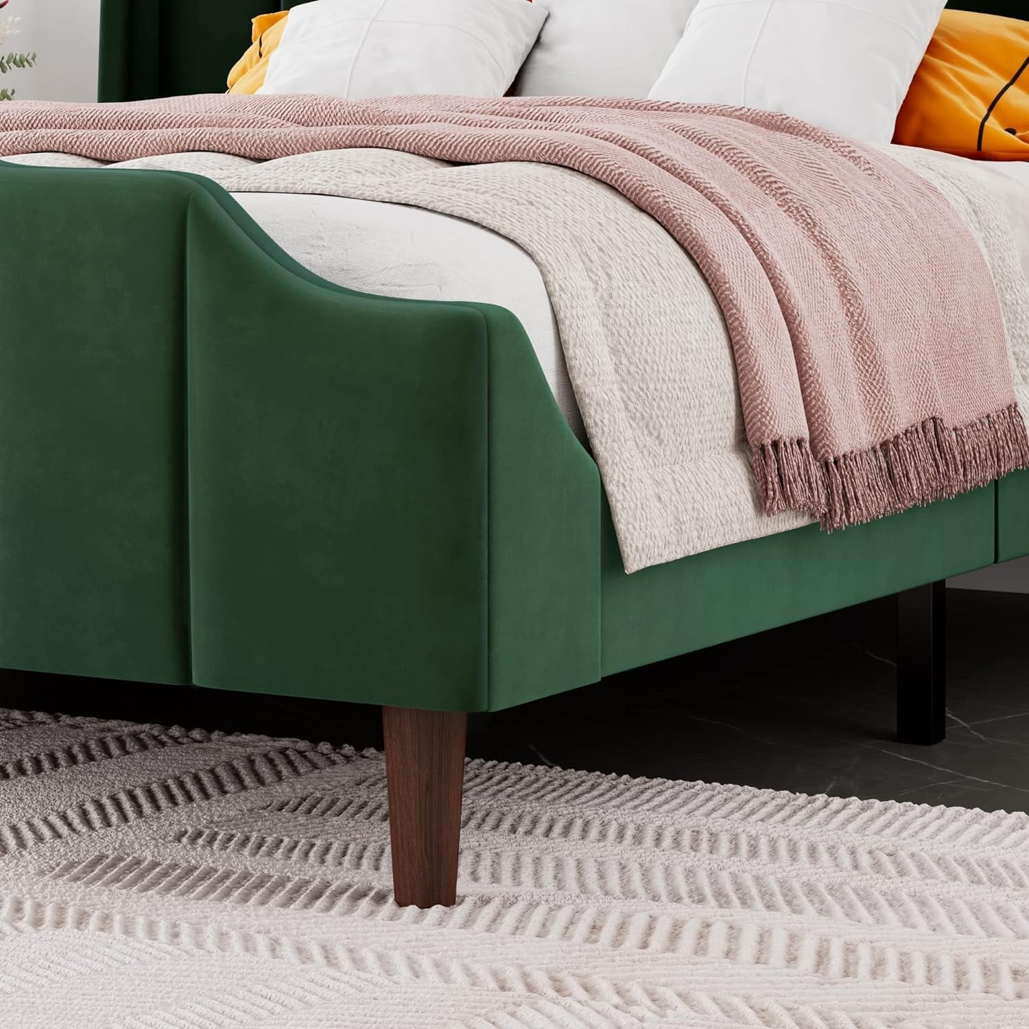 "Luxurious Queen Size Velvet Platform Bed with Elegant Wingback Headboard and Footboard - Solid Wood Frame, No Box Spring Required - Effortless Assembly - Stunning Green Design"