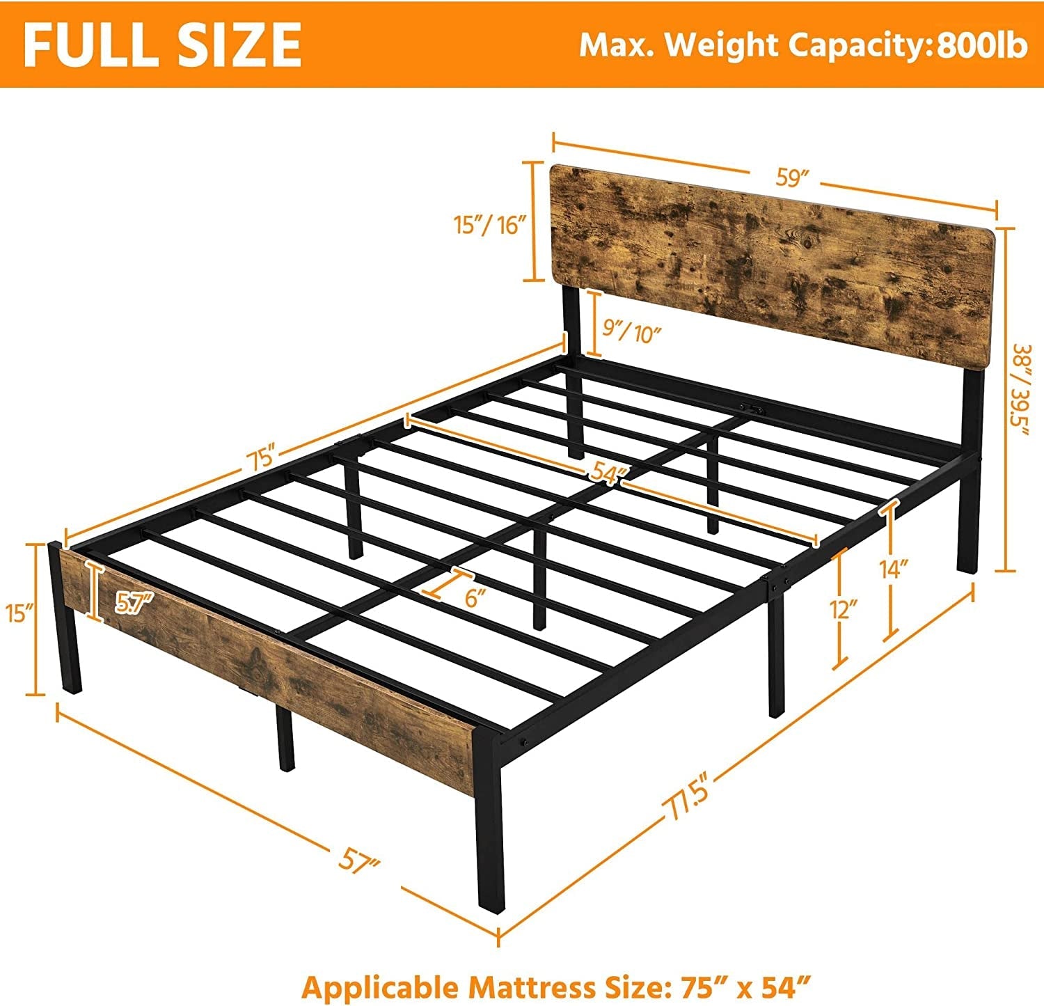 "Sturdy Full Metal Bed Frame with Elegant Wooden Headboard - the Perfect Foundation for a Comfortable Sleep"