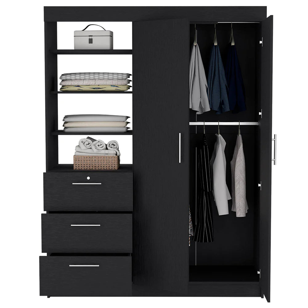 "Modern and Chic Kenya Bedroom Set: Stylish Armoire and Nightstand in Sleek Black Wengue Finish"