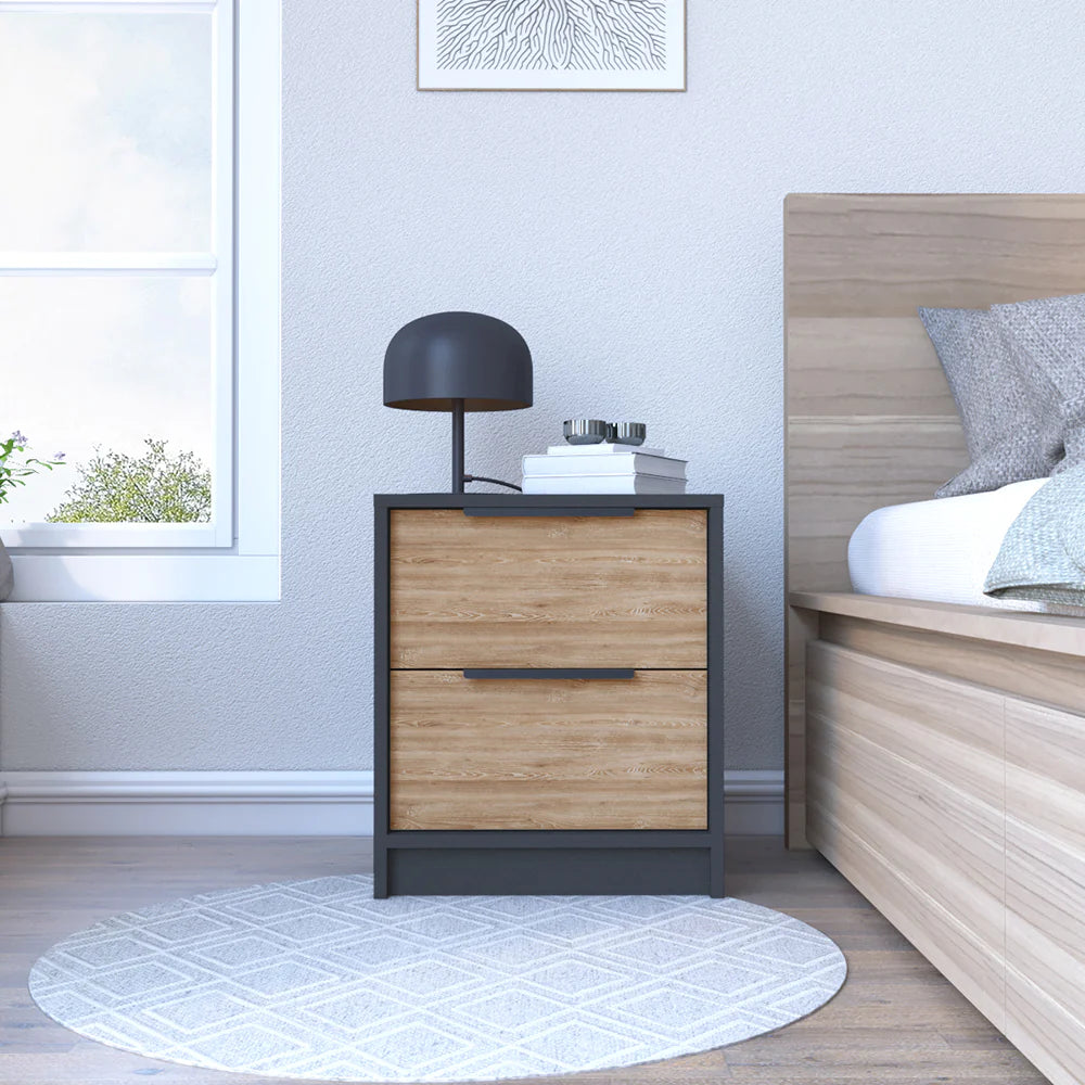 "Stylish Nightstand with Two Drawers, Sleek Metal Handle, and Elegant Black Wengue / Pine Finish"