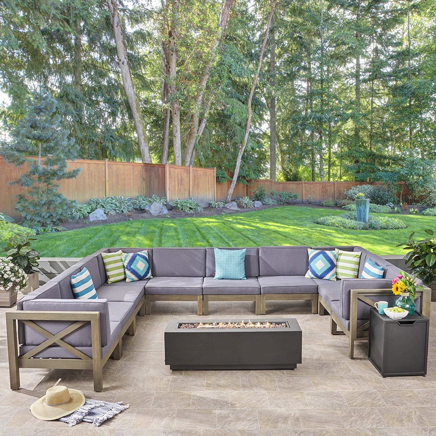 "Luxury Lorelei Outdoor Acacia Wood 10 Seater U-Shaped Sectional Sofa Set with Fire Pit - Exquisite Teak, Vibrant Blue, and Chic Dark Gray"