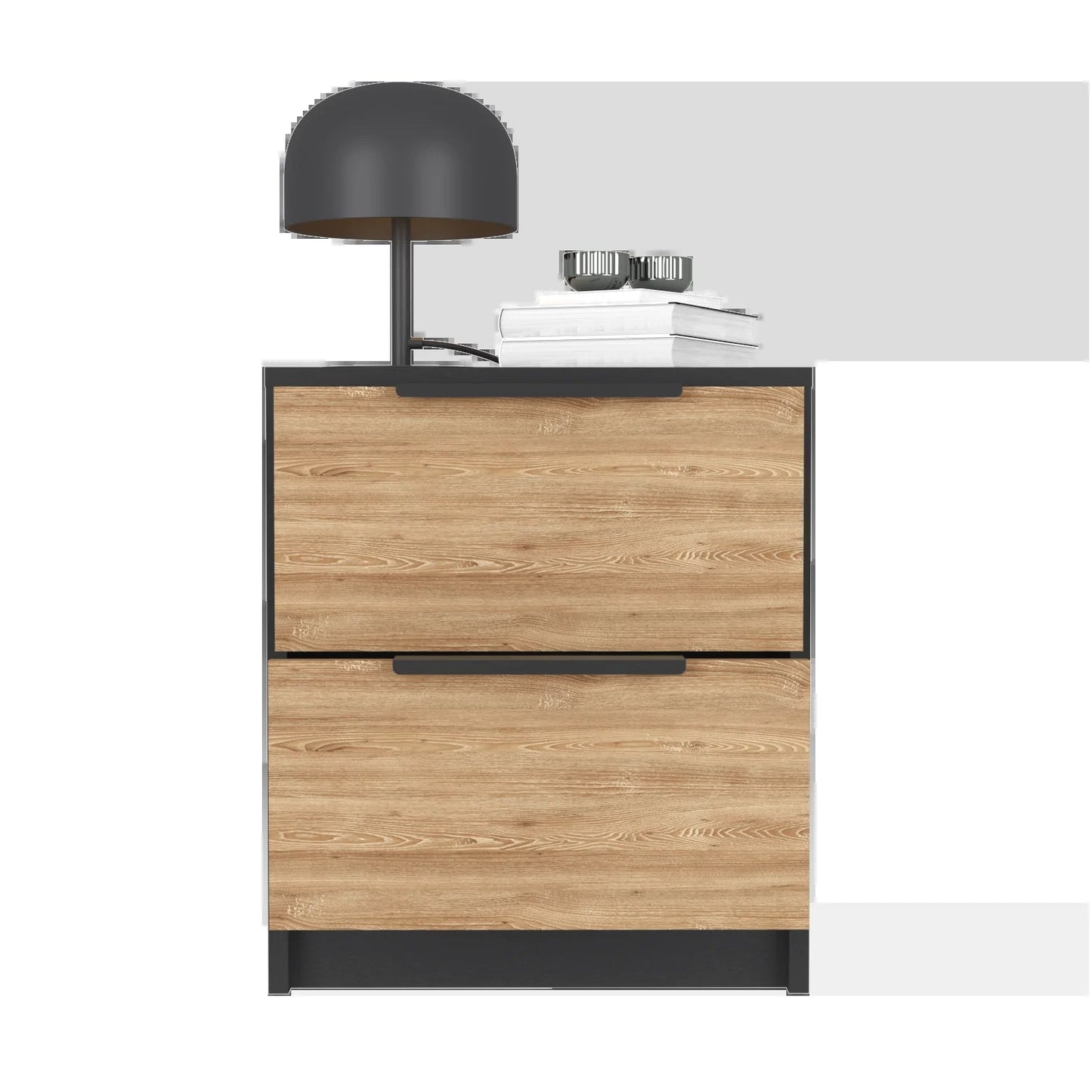 "Stylish Nightstand with Two Drawers, Sleek Metal Handle, and Elegant Black Wengue / Pine Finish"