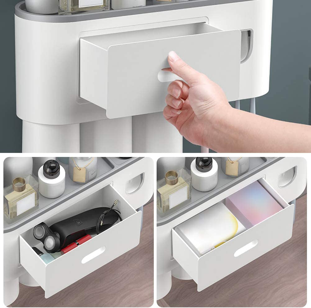 "Convenient Toothbrush Holder with Automatic Toothpaste Dispenser and Magnetic Cup - Perfect Bathroom Organizer for Kids - Grey"