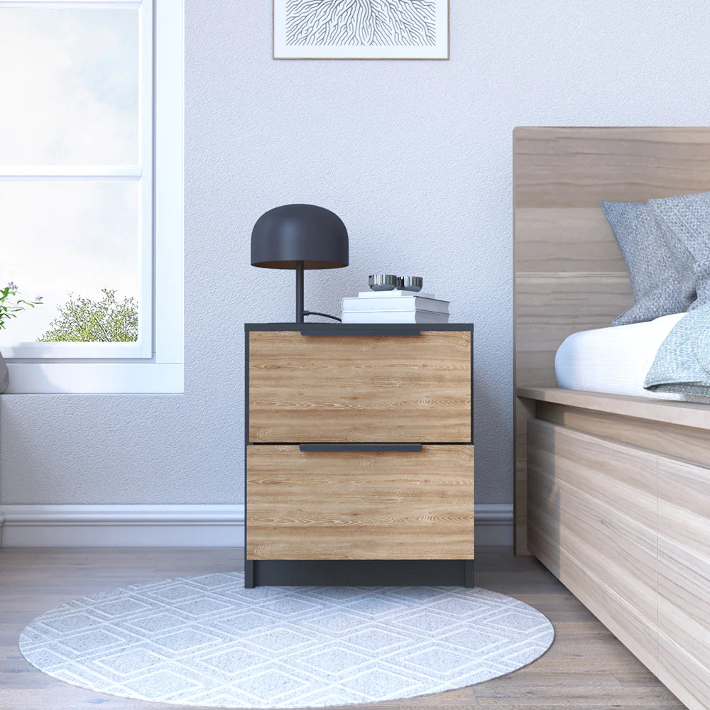 "Stylish Nightstand with Two Drawers, Sleek Metal Handle, and Elegant Black Wengue / Pine Finish"