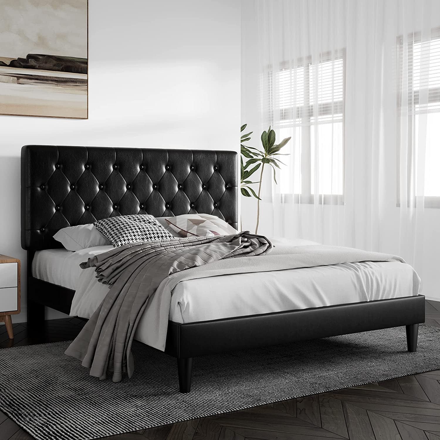 "Ultimate Comfort and Style: Queen Size Platform Bed Frame with Luxurious Button Tufted Headboard, Sleek Faux Leather Upholstery, and Sturdy Wooden Slat Support - No Box Spring Required!"