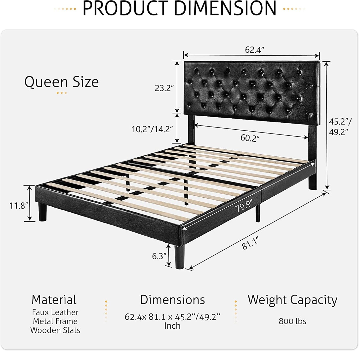 "Ultimate Comfort and Style: Queen Size Platform Bed Frame with Luxurious Button Tufted Headboard, Sleek Faux Leather Upholstery, and Sturdy Wooden Slat Support - No Box Spring Required!"